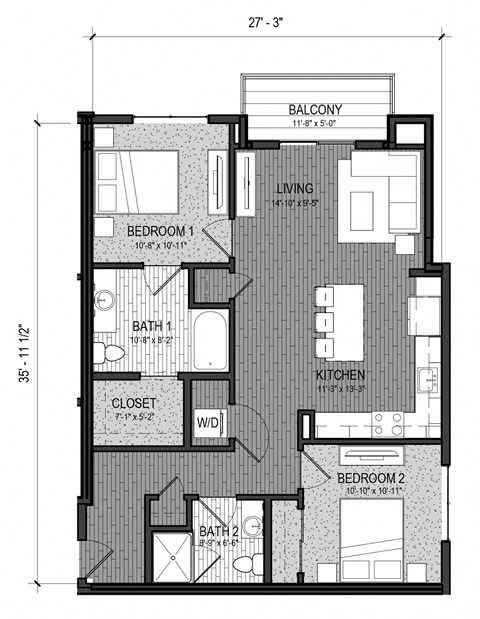 Floor plan for 2 beds, 2 baths, 954 sqft
